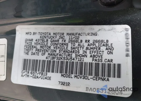 2003 Toyota Camry Le V6 из США, поврежденный, VIN 4T1BF32K53U547121